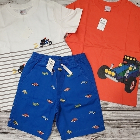 Hanna Andersson Organic Cotton Summer Set Race Cars T-Shirts& Embroidered Shorts - Picture 1 of 12